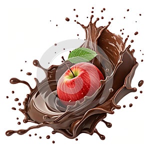 Explosion chocolate with red apple fruit on white background