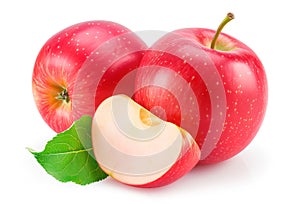 A vibrant red apple with a slice cut out and a green leaf against white background