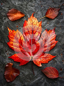 Vibrant Red Autumn Maple Leaf on Dark Textured Background Seasonal Fall Foliage Closeup