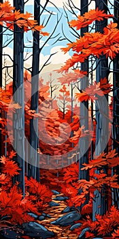 Vibrant Red Autumnal Forest Painting With Bold Graphic Illustrations photo