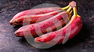 Vibrant red bananas cluster on dark surface