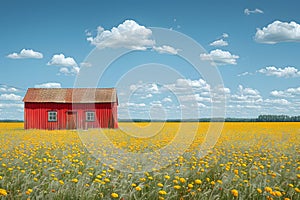 Vibrant Red Barn in a Field of Yellow Wildflowers under a Clear Blue Sky Generative AI