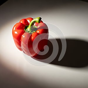 A vibrant red bell pepper Capsicum annuum stands on a white surface