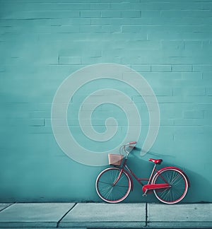 Vibrant red bicycle with a basket leans against a contrasting wall. Generative AI