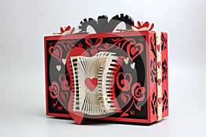 A vibrant red and black box featuring a heart design, perfect for gifting on Valentines Day or expressing affection, Accordion