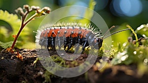 Vibrant Red And Black Caterpillar In A Mossy Wonderland