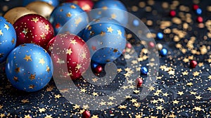 Vibrant Red And Blue Christmas Baubles Decorated With Golden Stars Resting On A Dark Surface