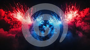 Vibrant red and blue fireworks exploding in night sky