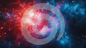Vibrant red and blue fireworks exploding in night sky