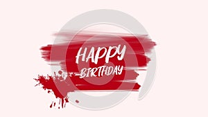 Vibrant red brushstroke Happy Birthday in white letters on white background