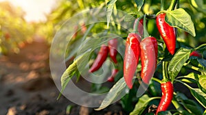 Vibrant red chilli peppers maturing in a healthy greenhouse environment, glossy and crisp appearance