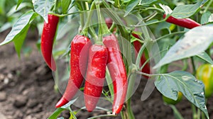 Vibrant red chilli peppers maturing in lush greenhouse, displaying glossy and crisp appearance