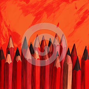 Vibrant Red Coloured Pencils Drawing On Orange Background