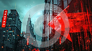 Vibrant red directional arrow starkly contrasts with dynamic urban cityscape backdrop