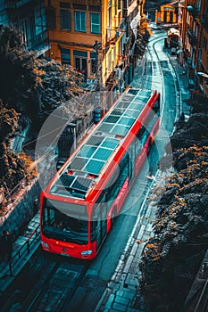 Vibrant Red Electric Bus Moving Through Urban Street in Twilight, Sustainable Solar Powered Public Transportation in Cityscape