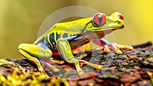 Vibrant Red-Eyed Tree Frog Perched on a Branch in a Rainforest. Wildlife, Nature, and Biodiversity Captured in Vivid