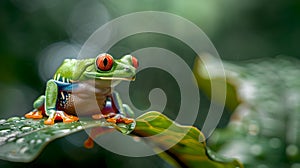 Vibrant Red-eyed Tree Frog Perched Elegantly on a Rain-soaked Leaf in a Lush Forest. Capturing the Essence of Wildlife