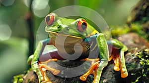 Vibrant Red-Eyed Tree Frog Perched on a Green Leaf in a Lush Jungle. Eye-Catching Amphibian Colors Captured in Natural