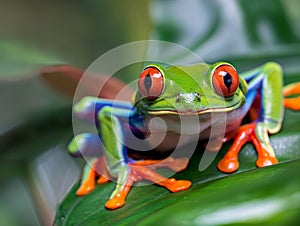 Vibrant Red-eyed Tree Frog Perched on Leaf