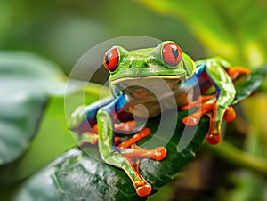 Vibrant Red-eyed Tree Frog Perched on Leaf