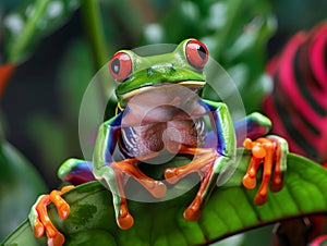 Vibrant Red-eyed Tree Frog Perched on Leaf