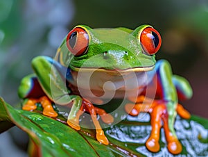 Vibrant Red-eyed Tree Frog Perched on Leaf