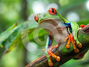 Vibrant Red-eyed Tree Frog Perched on Leaf