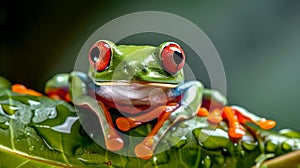 Vibrant Red-Eyed Tree Frog Perched on a Leaf, Close-up Shot Capturing Nature's Detail. Ideal for Educational and