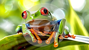 Vibrant Red-Eyed Tree Frog Perching on Green Leaf in Lush Forest. Nature Photography, Perfect for Eco-Themes and