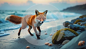 Red Fox Walking on a Sandy Beach at Sunset