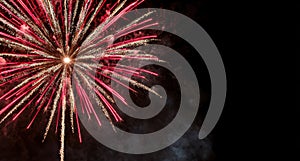 Vibrant red and gold fireworks exploding in the night sky