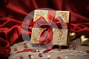 A vibrant red and gold gift box adorned with a beautiful red bow, perfect for gifting on any special occasion, Gold