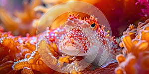 Vibrant red hawkfish resting on bright orange coral. marine life close-up. perfect for aquatic themed projects. AI