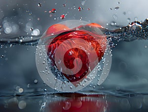 A vibrant red heart shape partially submerged in water. Generative AI