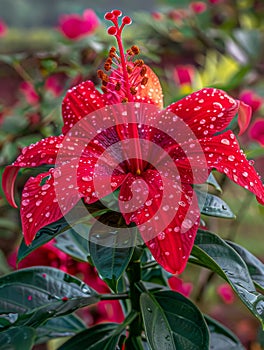 Vibrant red hibiscus flower with water droplets