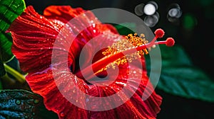 Vibrant Red Hibiscus in Full Bloom Against Lush Green Foliage