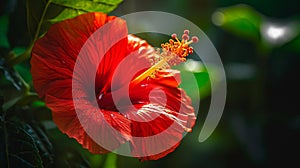 Vibrant Red Hibiscus in Full Bloom Against Lush Green Foliage