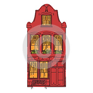 Vibrant Red House with Decorative Windows Design