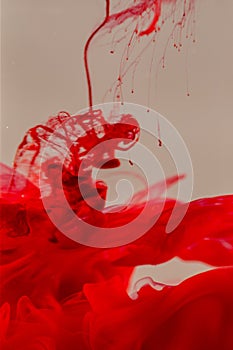 Vibrant red ink swirling in water