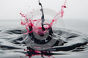 A vibrant red liquid forcefully splashes into the water, creating ripples and a dynamic visual display, Macro view of an ink drop