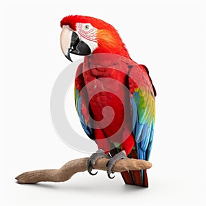 Vibrant Red Macaw Parrot On White Branch - Stunning Commercial Imagery