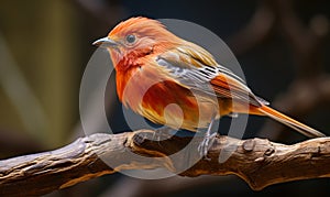 Vibrant red-orange songbird perched on a branch a stunning example of avian beauty in nature