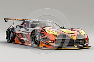 A vibrant red and orange sports car with dynamic flames painted along its body, A racing sports car with flaring decals, AI