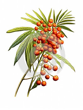 Vibrant red and orange tree with many berries hanging from its branches. The tree is surrounded by green leaves, which