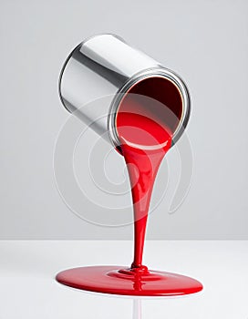 Vibrant Red Paint Pouring from a Metal Can
