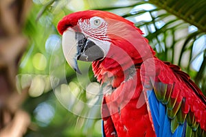 Vibrant red parrot with striking features