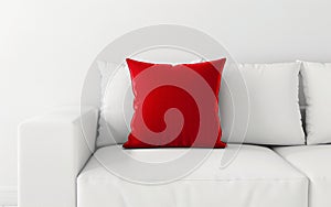 Vibrant Red Pillow on White Sofa with White Background -Generative ai