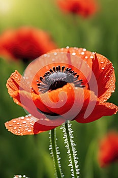 Vibrant red poppies with dewdrops on their petals