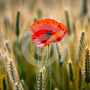 Vibrant Red Poppy Blooming in Wheat Field