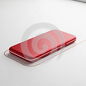Sleek Red Metallic Rectangular Object with Rounded Edges on White Surface